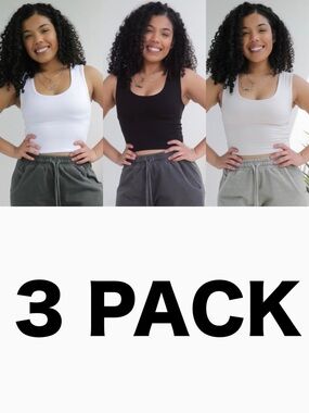 NEW Zenana 3 PACK Soft Cropped Tanks Black White Beige Double Layer Size Medium